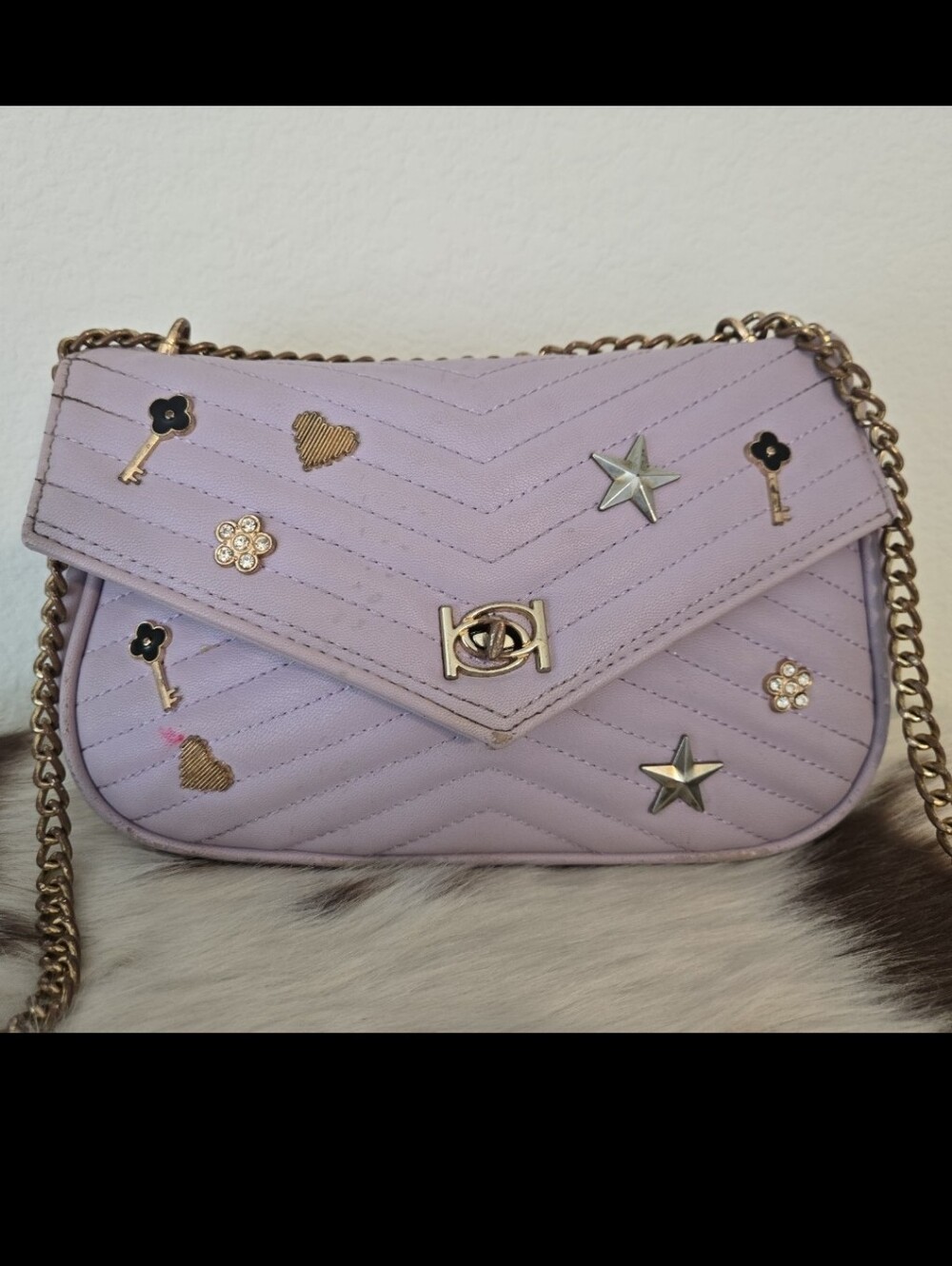 Bebe Lavender Quilted Chain Crossbody Bag with Charm Accents